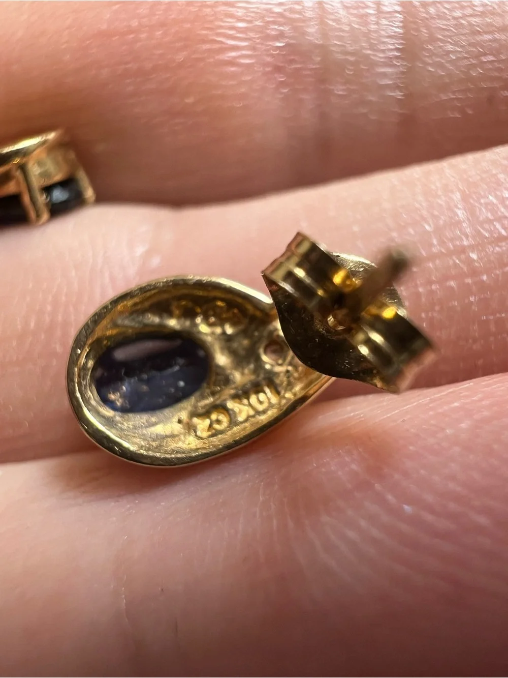 10K Gold Blue Sapphire Oval Stud Earrings with CZ Accent